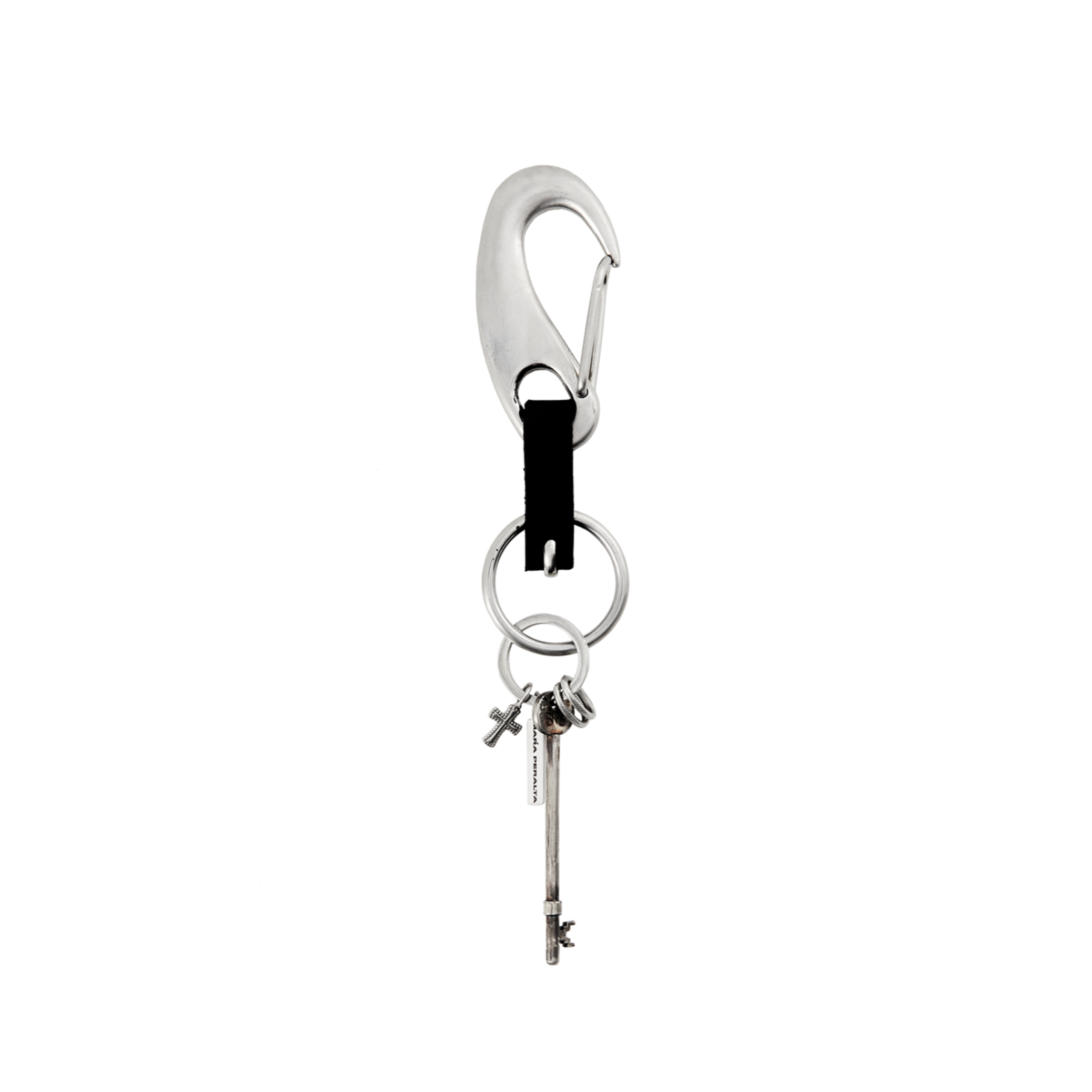 Keychain with a key and carabiner on a white background