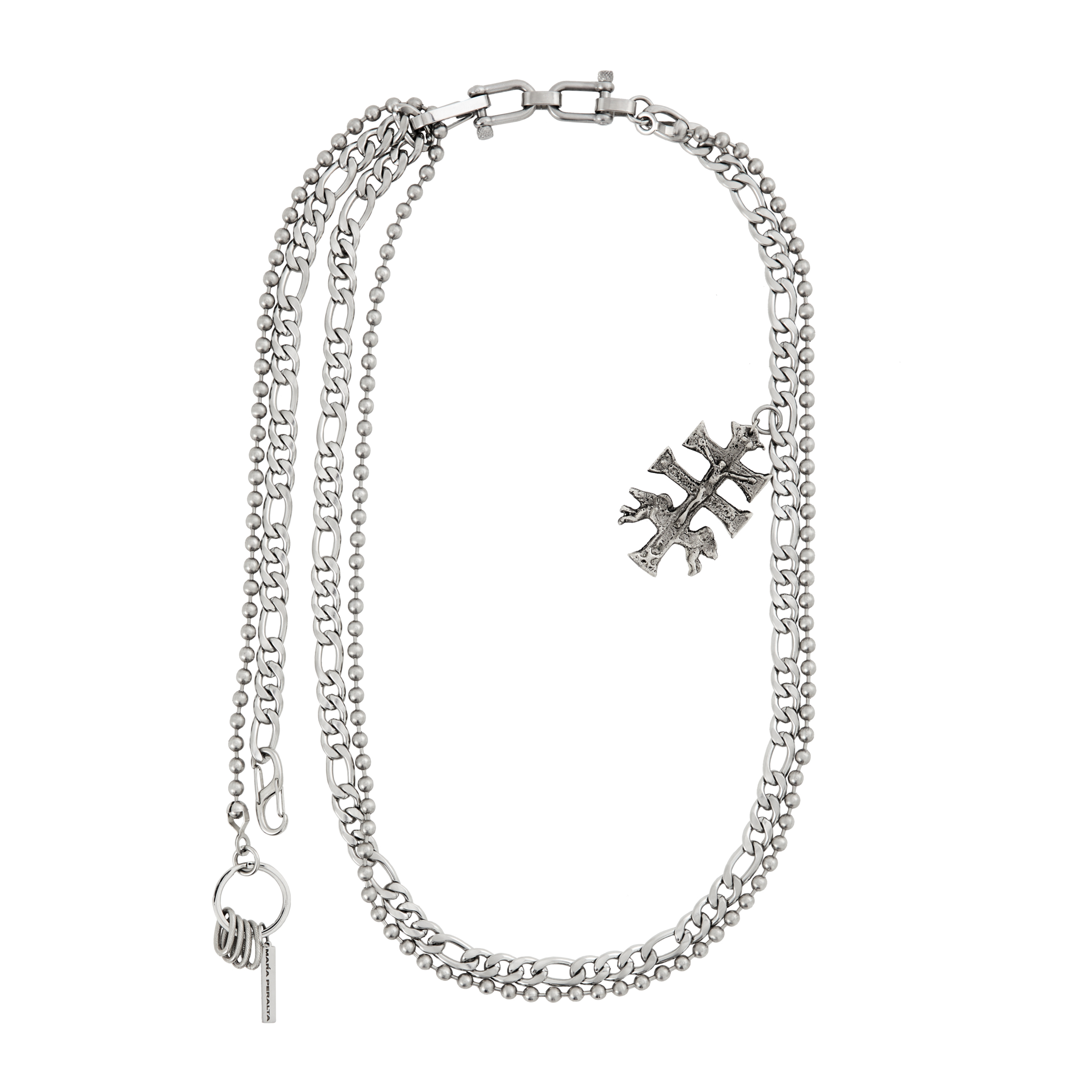 A silver steel utility belt with XL ball chain and Figaro chain design, featuring a cross icon, a key charm, and signed fixtures, secured with lobster and screw lock closures.