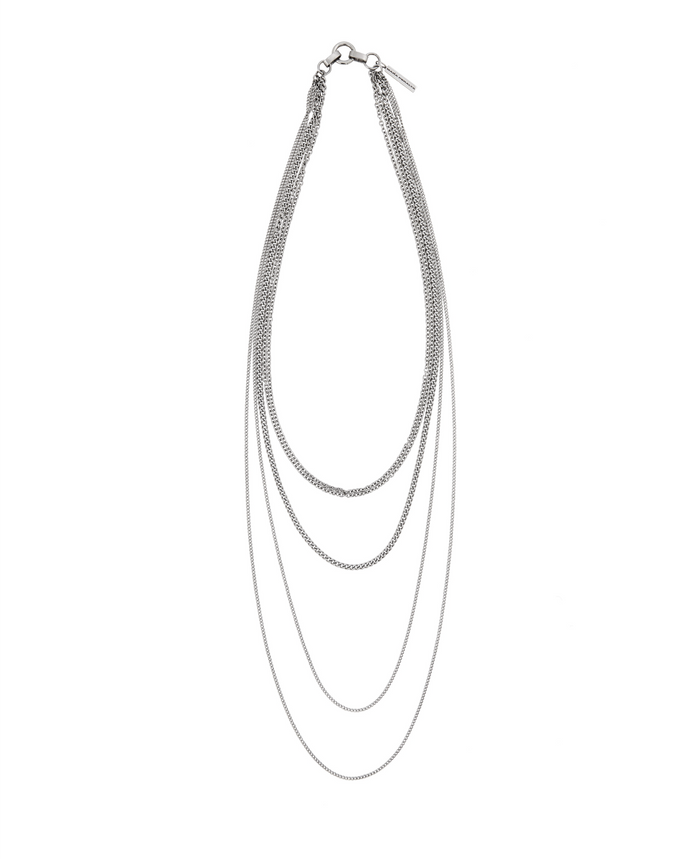 A necklace composed of five linked curb chains at differing lengths with a linear patina finish.