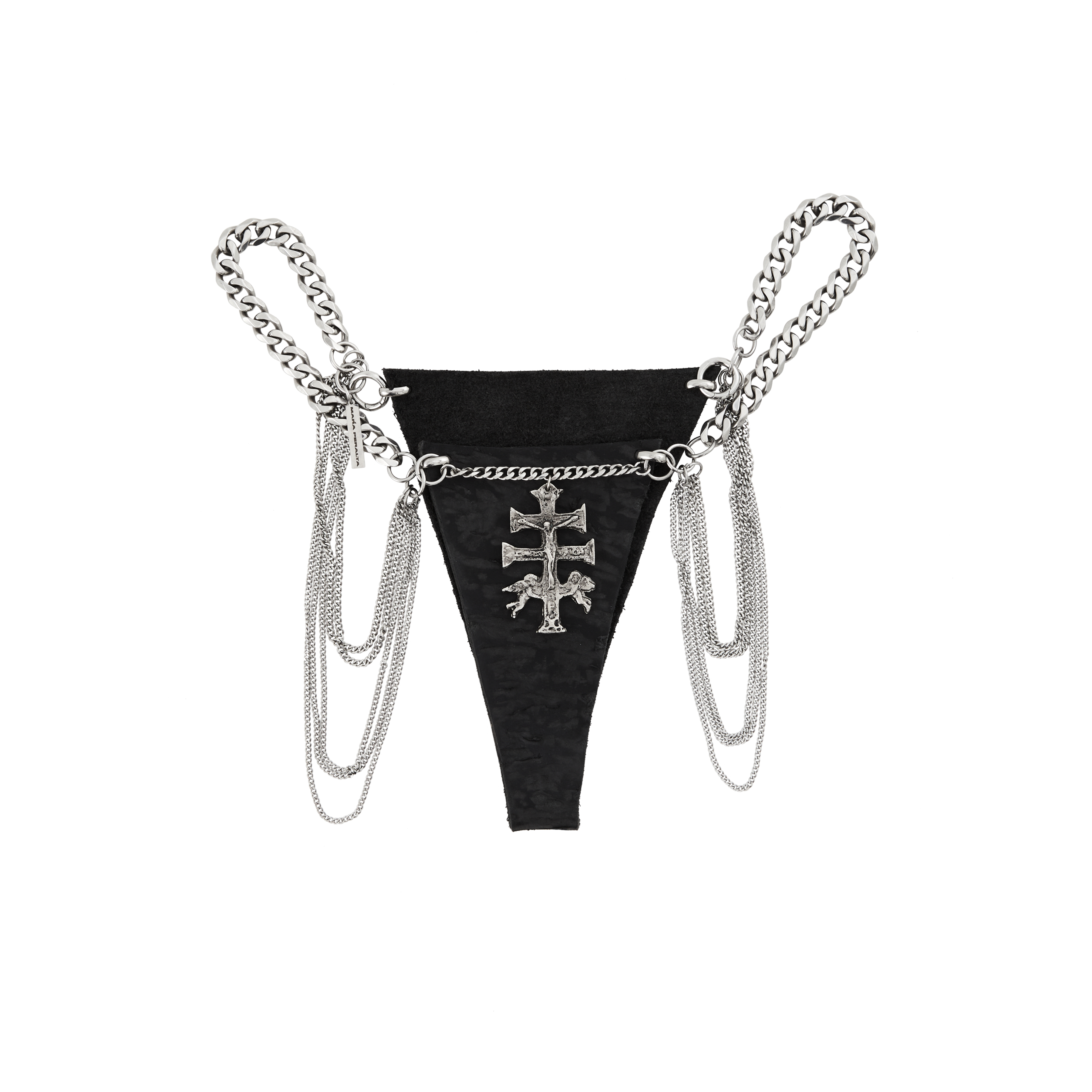 Black leather thong with a silver cross pendant and draped chains