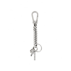 Silver keychain with chain and small charms on a white background