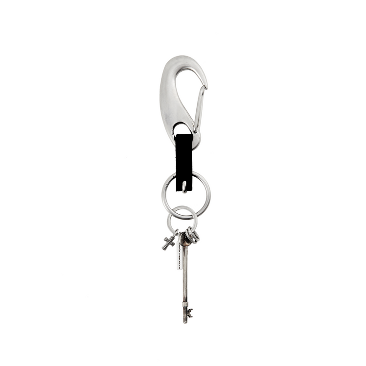 Keychain with a key and carabiner on a white background