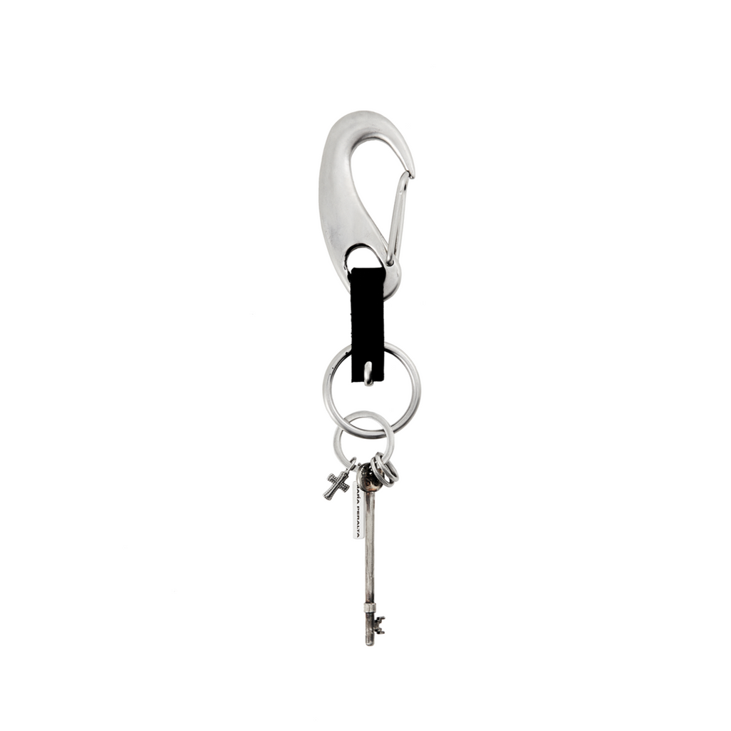 Keychain with a key and carabiner on a white background