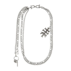 A silver steel utility belt with XL ball chain and Figaro chain design, featuring a cross icon, a key charm, and signed fixtures, secured with lobster and screw lock closures.
