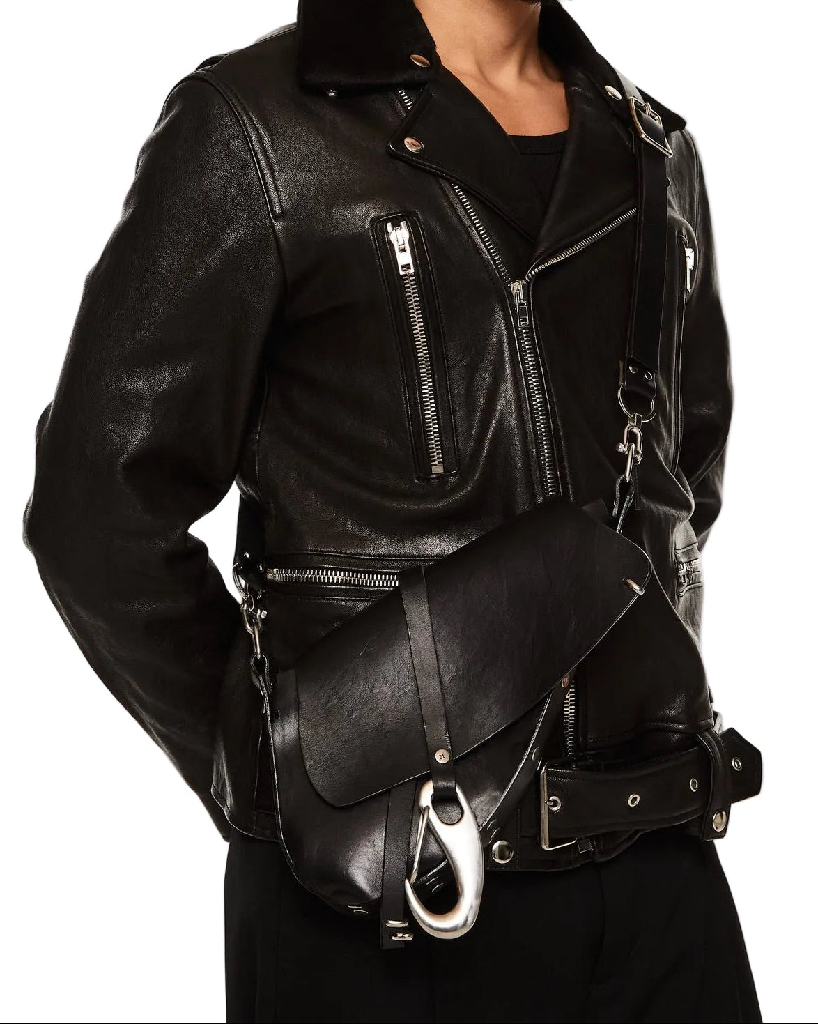 Man wearing a black leather jacket with a white background