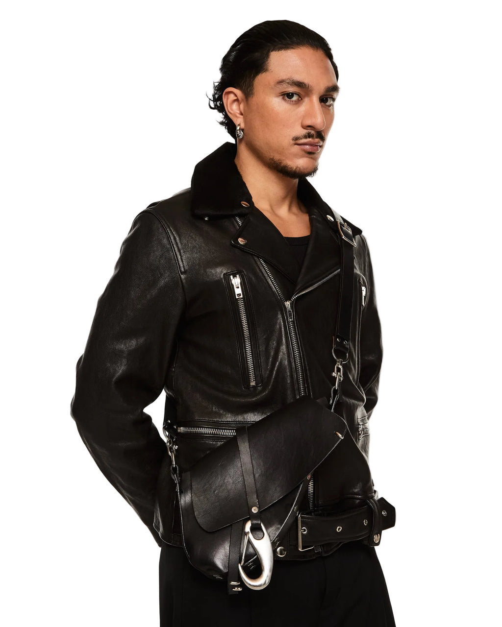 Man wearing a black leather jacket with a white background