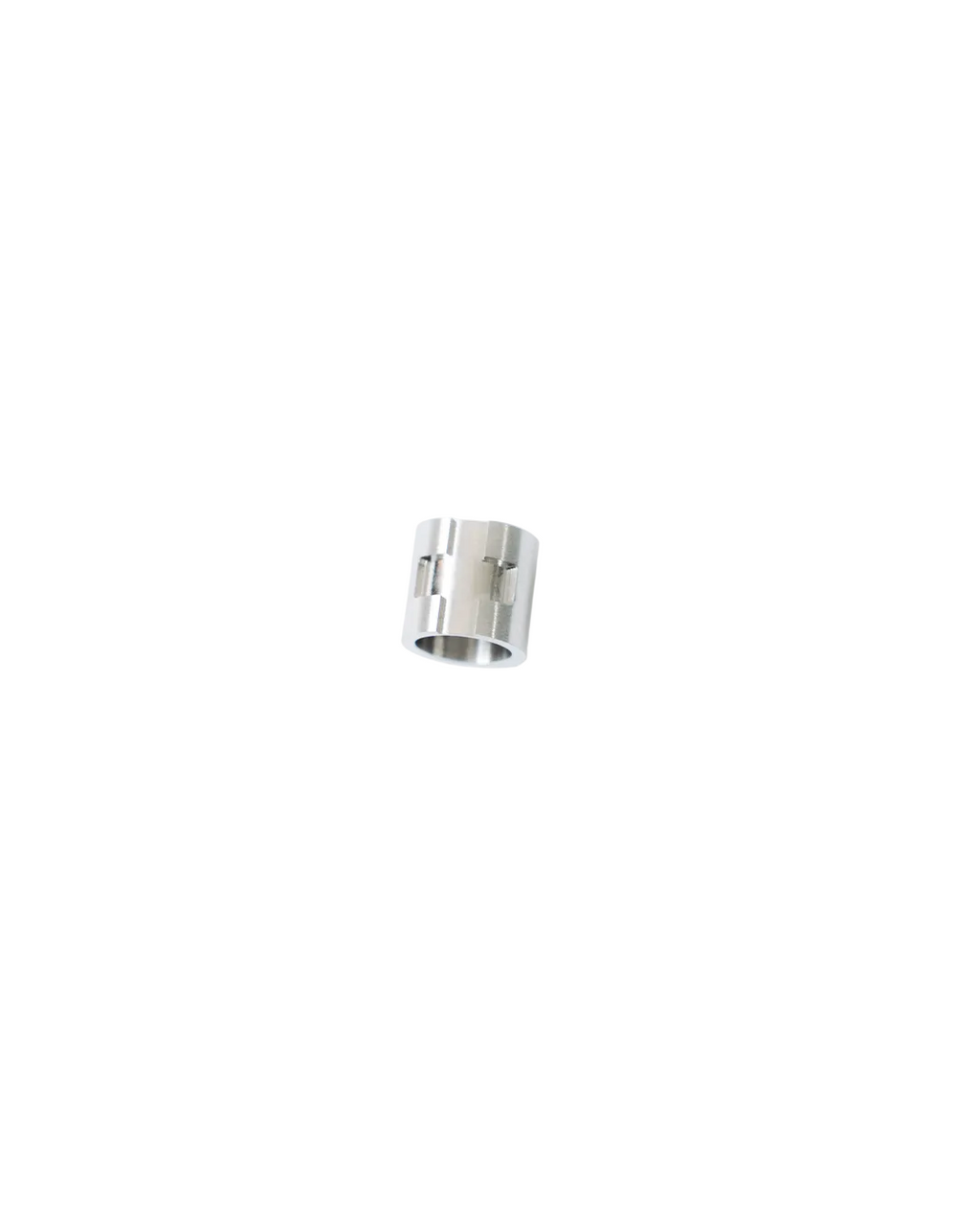 A silver metallic cylindrical ring with a geometric, faceted design, centered on a solid white background.