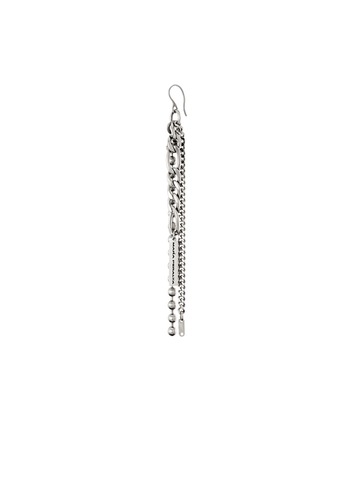 Silver ball chain dangle earrings on a white background