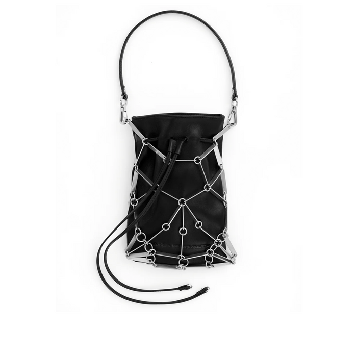 Black leather bag with chain detailing on a white background